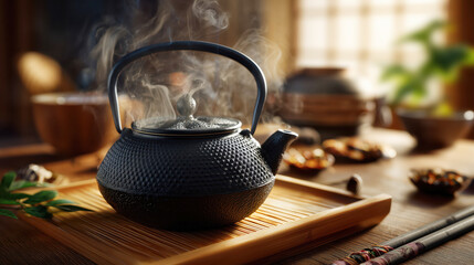 Black cast iron teapot with herbs on wooden table, rustic light symbolizing natural wellness and tea tradition concept