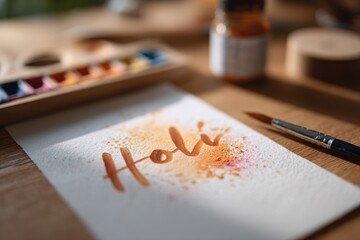 Vibrant Hand Lettered Holi Greeting with Tiny Powder Spills in Warm Desk Light - Creative Pen and Brush Artwork