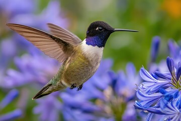 Fototapeta premium Male Black-Chinned Hummingbird Hovering While Seeking Nectar from Vibrant Blue Blossoms