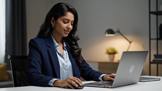 A woman in a dark blue blazer is typing on a laptop with a mouse in a well-lit office
