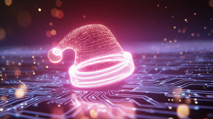 Merry Christmas and New Year greetings for IT professionals. Santa's hat on the motherboard.