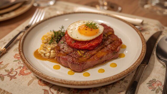 Uncooked beef steak garnished and placed on a surface