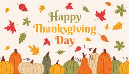 Cute happy Thanksgiving horizontal greeting poster with border of pumpkins and falling autumn leaves in flat cartoon style. © _aine_