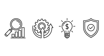 Business icons set magnifying glass chart gears idea shield with checkmark for growth analysis vector