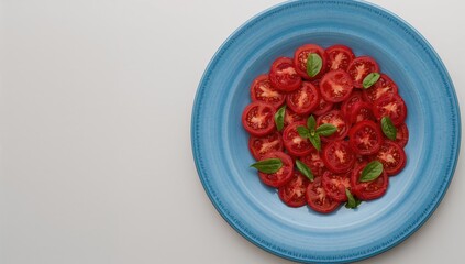 Tomato slices neatly placed on a blue dish