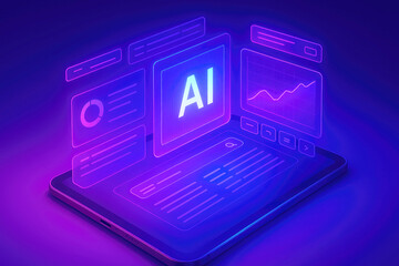 Futuristic AI interface displaying data charts and analytics on a glowing tablet artificial intelligence