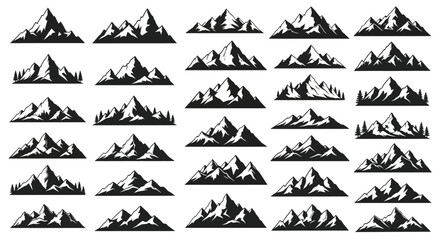 Naklejka premium A diverse collection of black and white vector mountain icons and silhouettes, perfect for adventure logos and outdoor branding