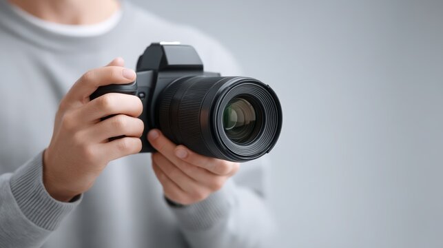 audio visual technician A person holding a professional camera in a neutral setting. - Powered by Adobe