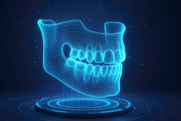 Futuristic Blue Wireframe Jaw and Teeth Model on Circular Digital Platform 
