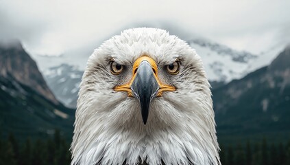 Naklejka premium Close-up portrait of a majestic bird of prey against a natural mountain backdrop
