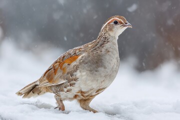 Hungarian Partridge in Winter Wonderland: A Solitary Bird Amidst the Snowy Landscape