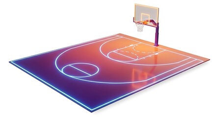3D basketball half-court with purple to orange gradient glow, modern digital sports design, isolated on white background, minimal futuristic concept