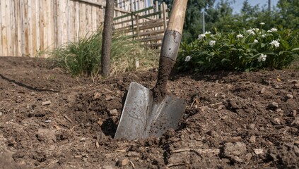 Digging into dry, cracked earth with a wooden-handled shovel