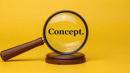 Inquiry word seen through a magnifying glass on a wooden base over a yellow surface