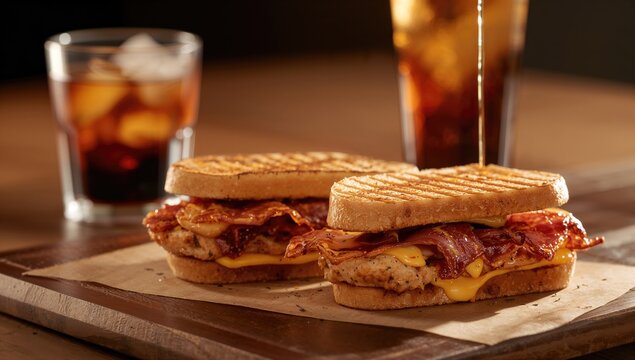 Close-up of two toasted chicken and bacon sandwiches with a glass of soda being filled behind them
