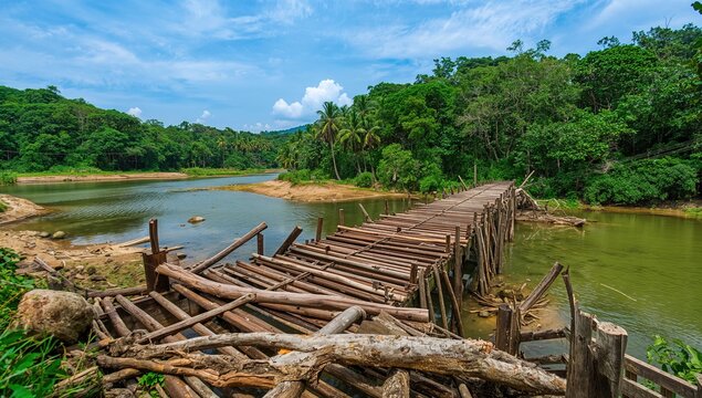 Bridge on island restored using coconut tree trunks