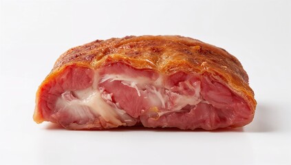 Sliced pork belly displayed on a plain white surface, culinary ingredient, fresh meat with skin, healthy eating