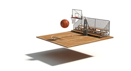 3D floating miniature basketball court with levitating ball above hoop, surreal sports concept, isolated on white background, modern clean minimal design