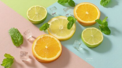 Colorful Citrus Slices with Fresh Mint Leaves and Ice Cubes on Pastel Backgrounds Ideal for Summer Refreshment and Healthy Snack Ideas