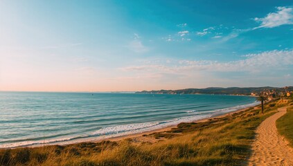 Coastal scene with water, sky, beach, and grass in a summer landscape