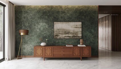 Japandi style living area featuring white and green shades, a wooden dresser, wall art replica, wallpaper, and marble flooring in a modern interior setup.