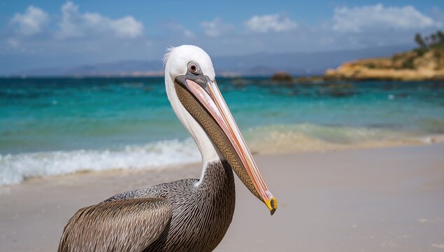Brown pelican bird species resting by the water