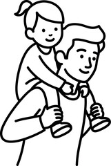 Happy father carrying his young daughter on his shoulders in a simple line drawing style