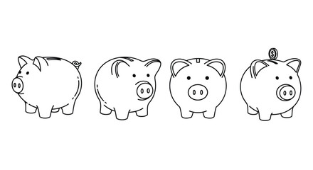 Four adorable piggy banks lined up showing different angles of cute financial savings symbols vector