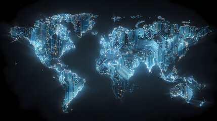 A stylized representation of the world map with a digital circuit board design