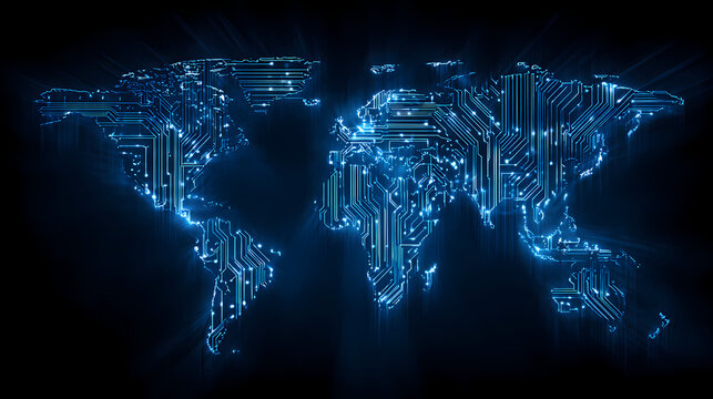 Global network and technology concept. The world map is depicted using illuminated circuit boards, symbolizing the interconnectedness of global digital infrastructure