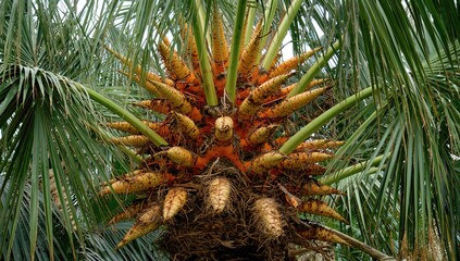 Obraz premium The oil palm tree, originally from West Africa, thrives in tropical climates worldwide. Most palm oil, about 85%, is produced in two leading countries.