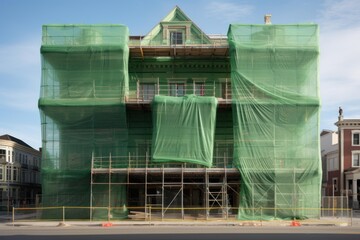 Large victorian building covered in green safety netting during renovation work