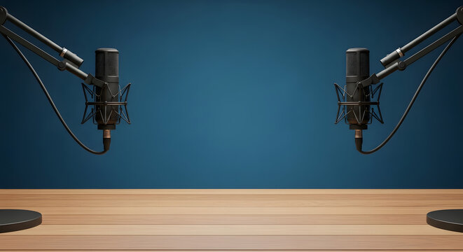 Two professional studio microphones on a wooden table ready for a podcast or broadcast.