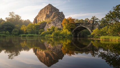 Fototapeta premium The Water Mirrors the Stone and Tiny Bridge