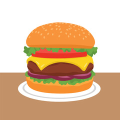 Delicious Cheeseburger on Plate. Flat vector illustration isolated on white background