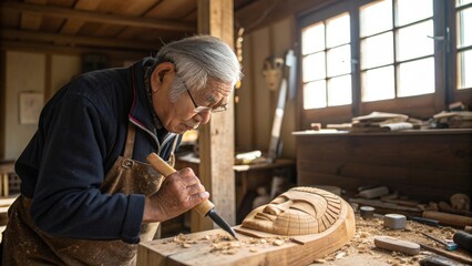 Elderly craftsman carves a wooden mask with a chisel