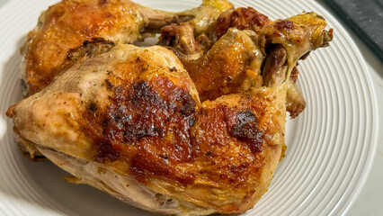 Golden crispy roast chicken leg, reminiscent of autumn's Harvest Home, nostalgic comfort food, Thanksgiving feast centerpiece
