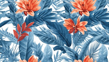 Seamless 2D tropical design featuring blue leaves and orange blooms on a white background, summer-themed photo wallpaper