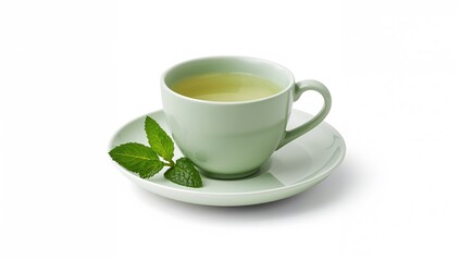 Obraz premium White plate holding a cup of green tea accompanied by fresh mint leaves