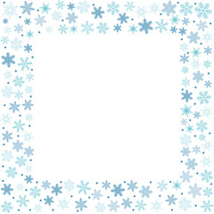 Square frame filled with a mix of unique snowflakes and scattered dots in flat cartoon style. A festive and cheerful winter design perfect for Christmas holiday cards or seasonal decoration.