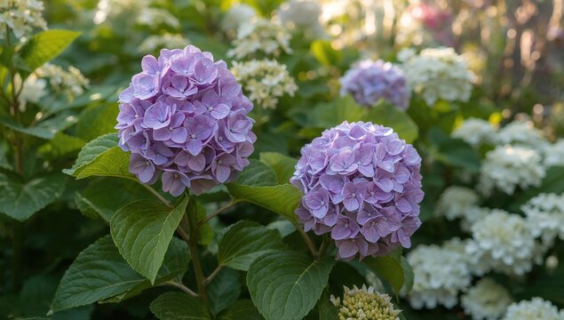 Vibrant purple hydrangea blossoms flourish in a lush garden setting.