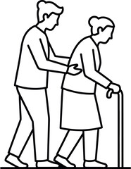 Caring person assisting elderly woman with walking stick in a supportive gesture
