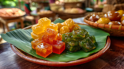 Vibrant Thai Delights A Culinary Snapshot of the Surin Elephant Round up Festival in Thailand, Featuring Colorful, Sweet Confections on a Banana Leaf Platter, Showcasing Local Flavors