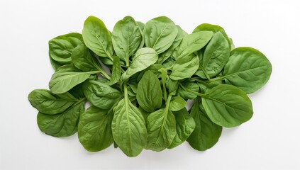 Fototapeta premium Fresh spinach leaves arranged on a white background, overhead shot