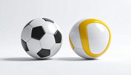 Two soccer balls ready for action, one classic black and white, the other a modern white and gold, perfect for sports advertising and athletic campaigns