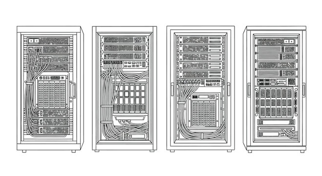 Vintage computer cabinet wire diagram and internal components arranged in four views vector