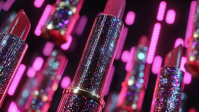 A captivating close-up view of vibrant and shimmering lipstick tubes adorned with sparkling sequins, showcasing their luxurious design against a backdrop of glowing neon lights, emphasizing beauty and