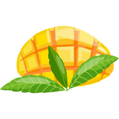Stylized Yellow Mango Fruit With Green Leaves On A Transparent Background Simple Flat Design Isolated Tropical Sweet Fruit