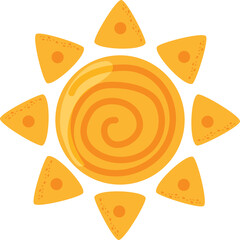 Stylized Yellow Sun Illustration with Concentric Circles and Triangular Rays on Transparent Background
