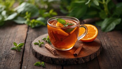 Herbal tea infused with cinnamon, fresh mint, and citrus on a natural wooden surface